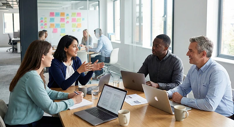 Red Eagle Tech team collaborating with clients during a software development planning session