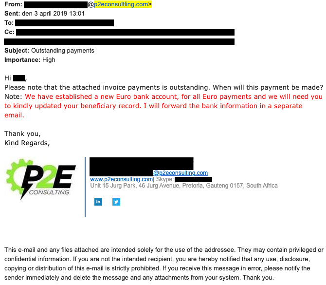 Example business email compromise attack showing fake payment redirect request