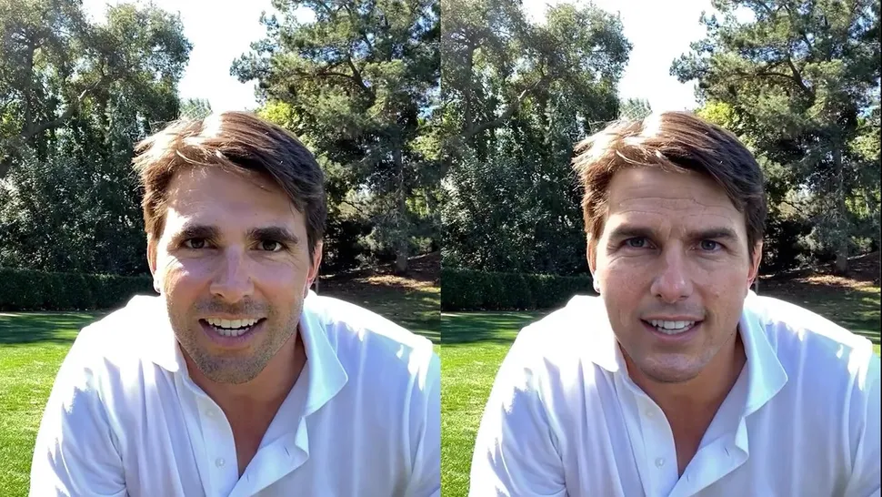 Side-by-side comparison of actor Miles Fisher (left) and a deepfake Tom Cruise he created (right)