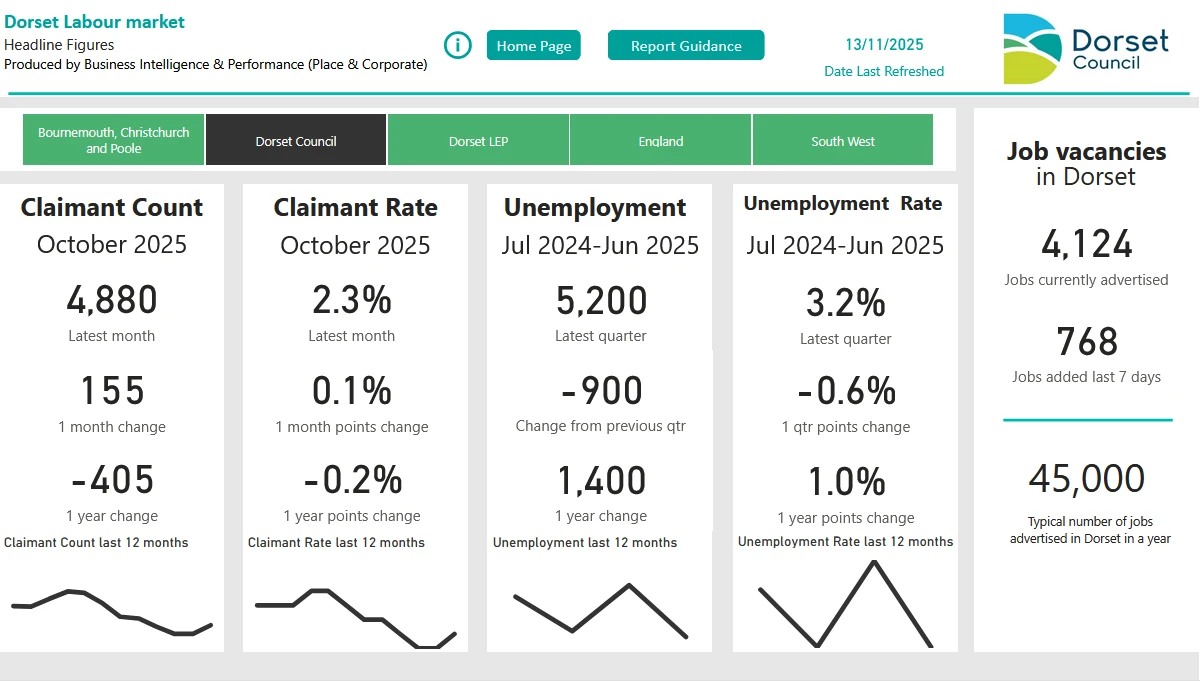 Dorset Council labour market dashboard showing employment statistics and economic data