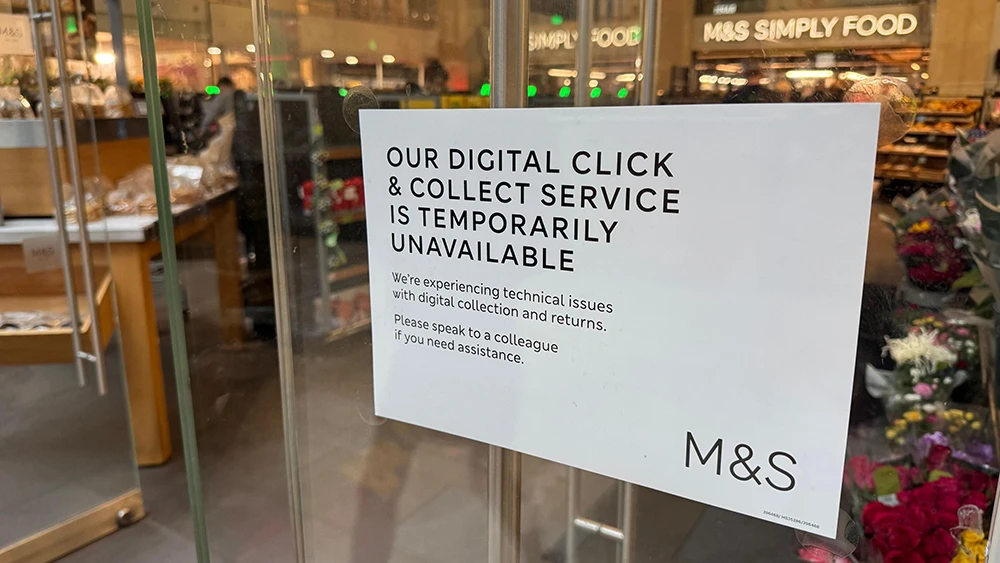 Marks & Spencer Click and Collect sign in store during April 2025 cyber attack