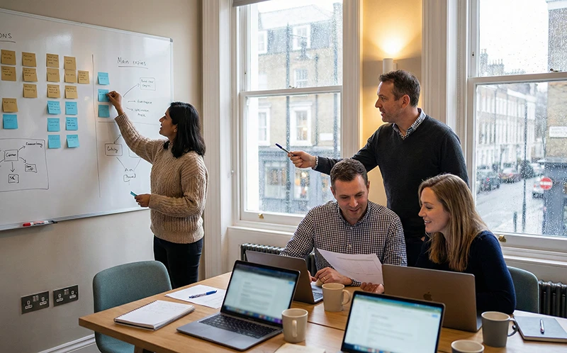 Team collaboration during a requirements gathering workshop with stakeholders discussing on a whiteboard