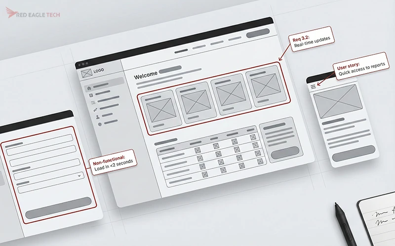 Wireframe examples showing how functional requirements translate to screen designs
