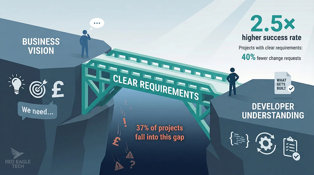 Infographic showing clear requirements bridging the gap between business vision and developer understanding