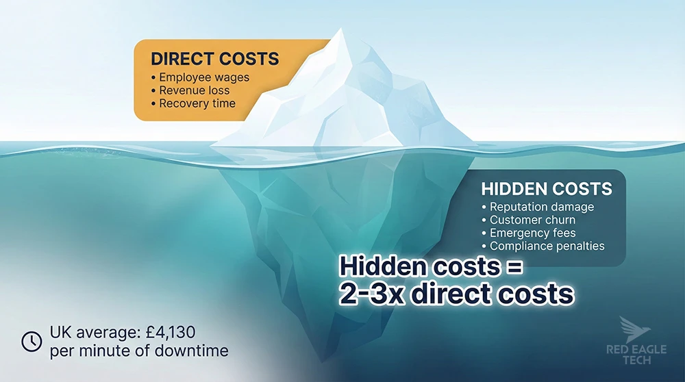Downtime cost iceberg showing direct costs above the waterline and hidden costs below