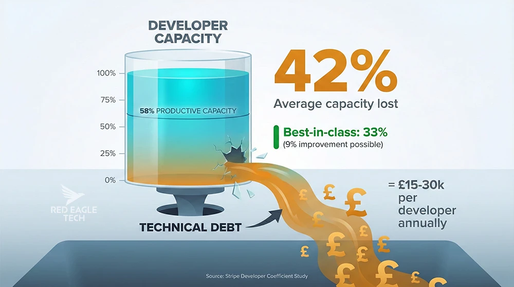 Infographic showing how technical debt drains productivity across different system age brackets
